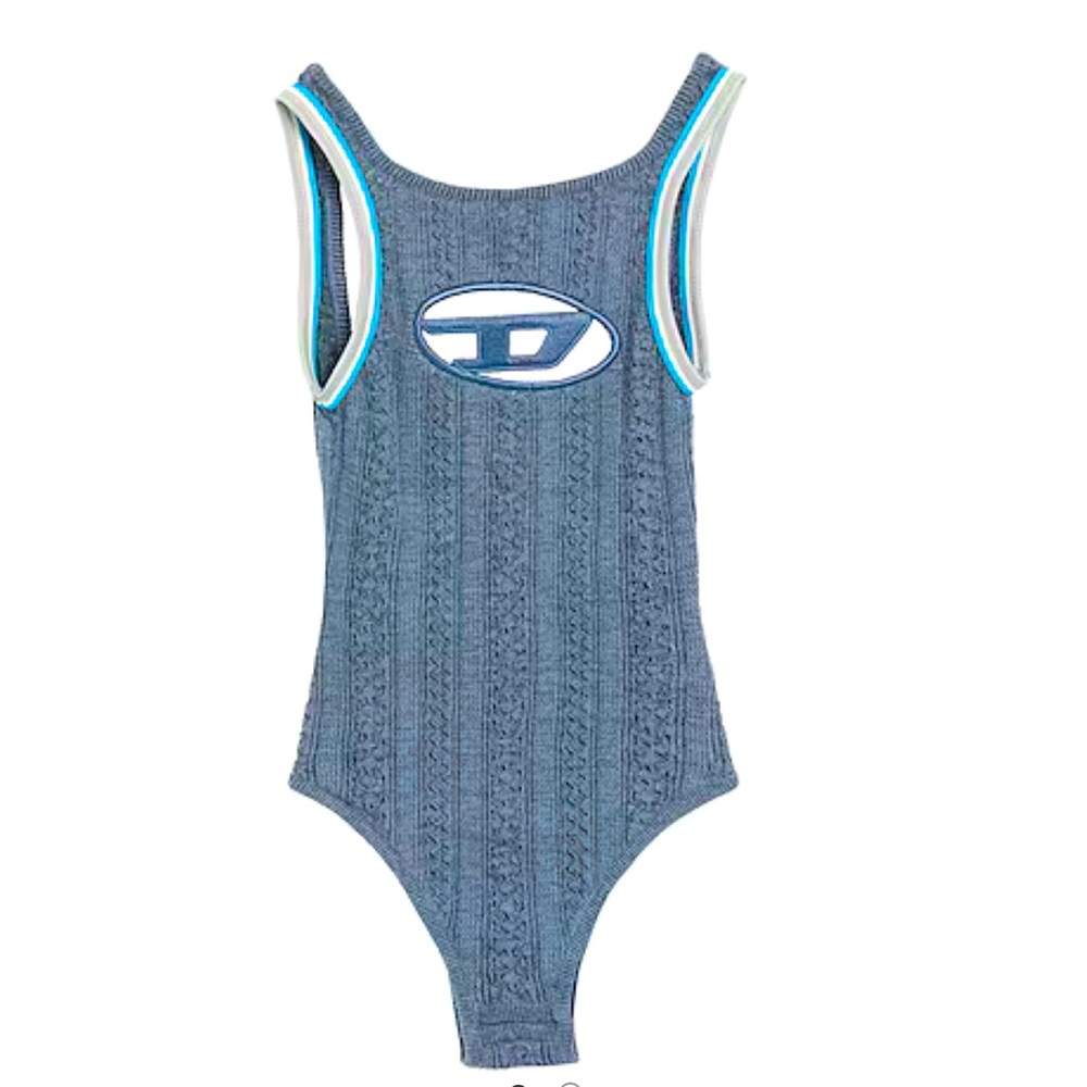 Diesel Blue Knit Logo Bodysuit with White and Teal Trim